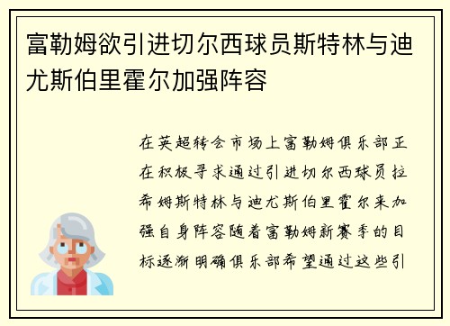 富勒姆欲引进切尔西球员斯特林与迪尤斯伯里霍尔加强阵容 富勒姆欲引进切尔西球员斯特林与迪尤斯伯里霍尔加强阵容