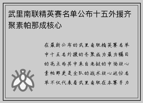 武里南联精英赛名单公布十五外援齐聚素帕那成核心 武里南联精英赛名单公布十五外援齐聚素帕那成核心